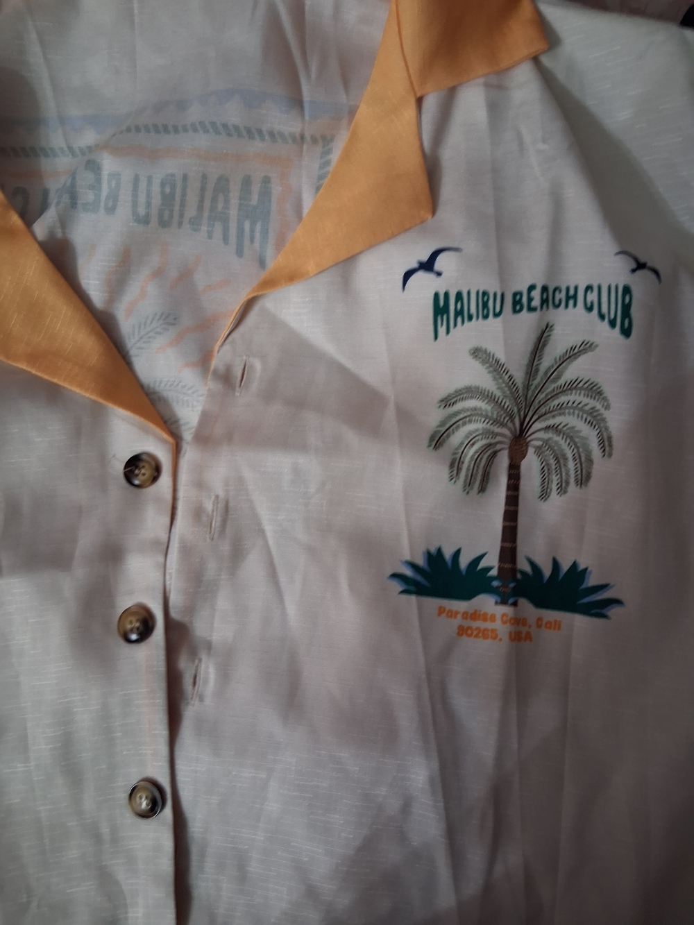 Malibu Beach Club Short-Sleeve Casual Shirt in Cream with Mustard Collar